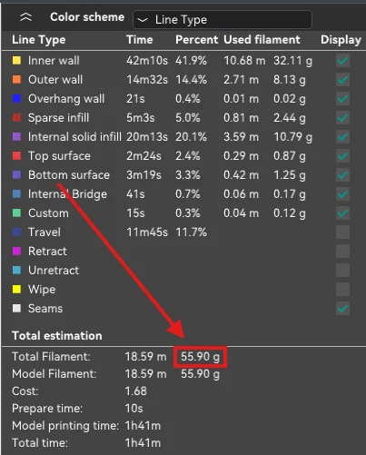 Slicer slice preview showing the estimated model weight